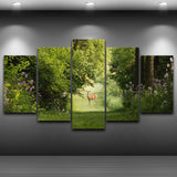 Deer In Summer Forest Nature Framed 5 Piece Canvas Wall Art Painting Wallpaper Poster Picture Print Photo Decor