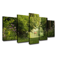 Deer In Summer Forest Nature Framed 5 Piece Canvas Wall Art Painting Wallpaper Poster Picture Print Photo Decor