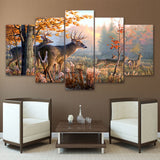 Natural Tree Forest Deer Animals Framed 5 Piece Panel Canvas Wall Art Print - 5 Panel Canvas Wall Art - FabTastic.Co