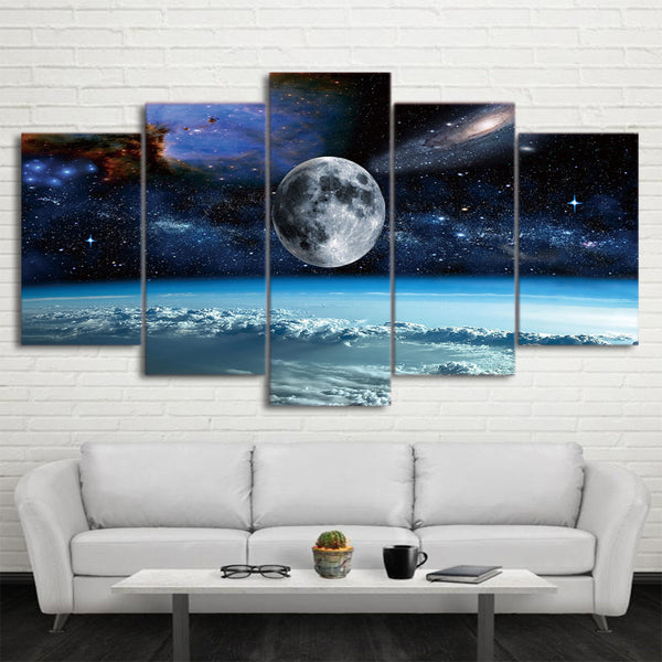 Outer Space Galaxies & Universe With Earth Moon & Stars Framed 5 Piece Canvas Wall Art - 5 Panel Canvas Wall Art - FabTastic.Co