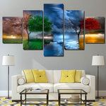 4 Seasons Changing Colors Tree & River Framed 5 Piece Canvas Wall Art