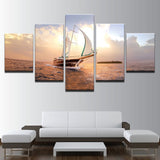 Ocean Sailing Boat On The Sea Framed 5 Piece Canvas Wall Art - 5 Panel Canvas Wall Art - FabTastic.Co