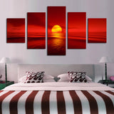 Sunset Red Sun Sunrise Ocean Sea Framed 5 Piece Panel Canvas Wall Art Print