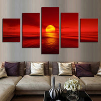 Sunset Red Sun Sunrise Ocean Sea Framed 5 Piece Panel Canvas Wall Art Print