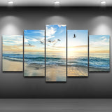 Sandy Sea Beach & Ocean Waves With Clouds Sun & Seagull Birds Framed 5 Piece Canvas Wall Art - 5 Panel Canvas Wall Art - FabTastic.Co