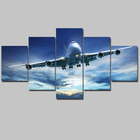 Airplane Jumbo Jet In Cloudy Sky Framed 5 Piece Canvas Wall Art Painting Poster Picture Print Photo Artwork Decor