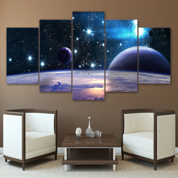 Impresión artística de pared en lienzo con marco de 5 piezas, espacio exterior, galaxia, universo estrellado y planetas 