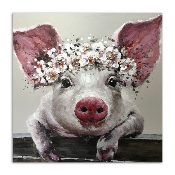 Cute Pig With Flowers Framed 1 Piece Canvas Wall Art Painting Wallpaper Poster Picture Print Photo Decor