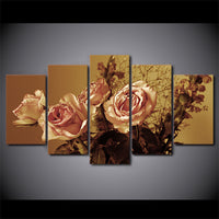 Retro Rose Flower Painting Framed 5 Piece Canvas Wall Art - 5 Panel Canvas Wall Art - FabTastic.Co