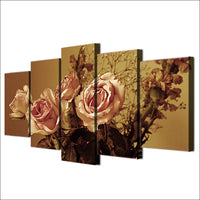Retro Rose Flower Painting Framed 5 Piece Canvas Wall Art - 5 Panel Canvas Wall Art - FabTastic.Co