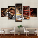 Coffee Cafe Shop Framed 5 Piece Canvas Wall Art Painting Wallpaper Poster Picture Print Photo Decor