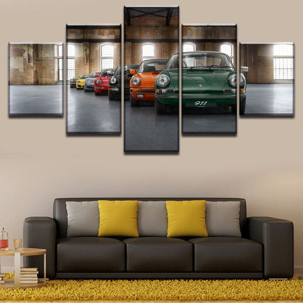 Coche de carreras deportivo Porsche 911 clásico enmarcado, lienzo de 5 piezas, pintura artística de pared, papel tapiz, póster, imagen impresa, decoración fotográfica 