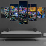 Las Vegas Nevada City Night Time Skyline USA America Cityscape Framed 5 Piece Canvas Wall Art - 5 Panel Canvas Wall Art - FabTastic.Co