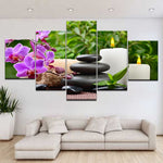 Stones Bamboo Wild Orchid Candles & Flowers Framed 5 Piece Canvas Wall Art - 5 Panel Canvas Wall Art - FabTastic.Co
