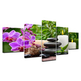 Stones Bamboo Wild Orchid Candles & Flowers Framed 5 Piece Canvas Wall Art - 5 Panel Canvas Wall Art - FabTastic.Co