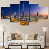 Burj Khalifa Dubai UAE City At Night Framed 5 Piece Canvas Wall Art Painting Poster Picture Print Photo Artwork Decor