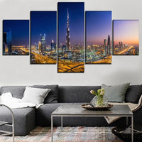 Burj Khalifa Dubai, Emiratos Árabes Unidos, ciudad por la noche, lienzo enmarcado de 5 piezas, pintura artística de pared, póster, imagen impresa, foto, obra de arte, decoración 