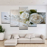 White Rose Flowers Paintings Framed 5 Piece Canvas Wall Art - 5 Panel Canvas Wall Art - FabTastic.Co