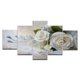 White Rose Flowers Paintings Framed 5 Piece Canvas Wall Art - 5 Panel Canvas Wall Art - FabTastic.Co