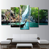 Natural Rocky Canyon & Boat Framed 5 Piece Canvas Wall Art - 5 Panel Canvas Wall Art - FabTastic.Co