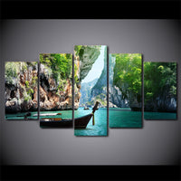 Natural Rocky Canyon & Boat Framed 5 Piece Canvas Wall Art - 5 Panel Canvas Wall Art - FabTastic.Co