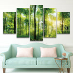 Sunrise Sunset Sunray Beams In Tree Forest Framed 5 Piece Canvas Wall Art Painting Wallpaper Poster Picture Print Photo Decor