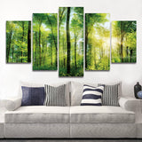 Amanecer atardecer rayos de sol en el bosque de árboles enmarcado 5 piezas lienzo arte de la pared pintura papel tapiz póster imagen impresión foto decoración 