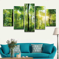 Amanecer atardecer rayos de sol en el bosque de árboles enmarcado 5 piezas lienzo arte de la pared pintura papel tapiz póster imagen impresión foto decoración 