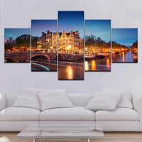 Amsterdam City Buildings At Night Scenery Framed 5 Piece Canvas Wall Art - 5 Panel Canvas Wall Art - FabTastic.Co