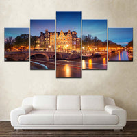Amsterdam City Buildings At Night Scenery Framed 5 Piece Canvas Wall Art - 5 Panel Canvas Wall Art - FabTastic.Co