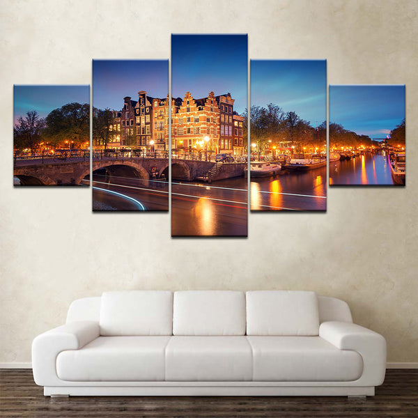 Amsterdam City Buildings At Night Scenery Framed 5 Piece Canvas Wall A ...