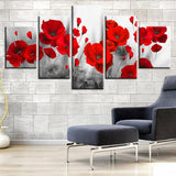 Romantic Red Poppy Flowers Painting Framed 5 Piece Canvas Wall Art - 5 Panel Canvas Wall Art - FabTastic.Co