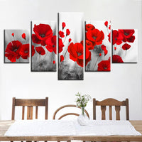 Romantic Red Poppy Flowers Painting Framed 5 Piece Canvas Wall Art - 5 Panel Canvas Wall Art - FabTastic.Co