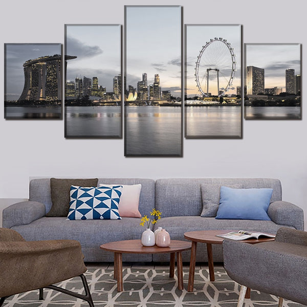 Singapore City Skyscrapers Skyline Clouds Framed 5 Piece Canvas Wall Art - 5 Panel Canvas Wall Art - FabTastic.Co