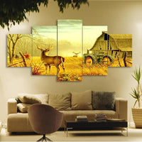 Deer On Farm In Forest With Tractor Painting 5 Piece Canvas Wall Art - 5 Panel Canvas Wall Art - FabTastic.Co