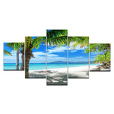 Beautiful Tropical Sea Maldives Islands Palm Tree Ocean White Sandy Beach Framed 5 Piece Canvas Wall Art - 5 Panel Canvas Wall Art - FabTastic.Co