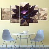 Black Lotus Flower Painting Framed 5 Piece Canvas Wall Art - 5 Panel Canvas Wall Art - FabTastic.Co