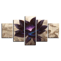 Black Lotus Flower Painting Framed 5 Piece Canvas Wall Art - 5 Panel Canvas Wall Art - FabTastic.Co