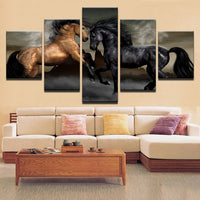 Brown & Black Animal Horses Framed 5 Piece Canvas Wall Art - 5 Panel Canvas Wall Art - FabTastic.Co