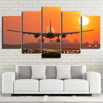 Airplane Sunset Sunrise Cityscape Landing Framed 5 Piece Canvas Wall Art - 5 Panel Canvas Wall Art - FabTastic.Co