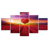 Heart Tree Flower In Field Framed 5 Piece Canvas Wall Art Picture Painting Print Decor