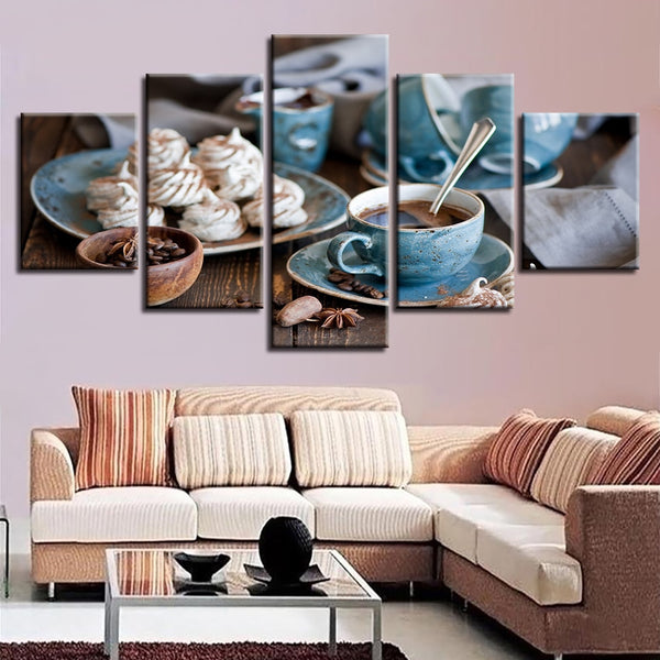 Tea & Snacks Coffee Shop Framed 5 Piece Food & Drink Canvas Wall Art Painting Wallpaper Poster Picture Print Photo Decor