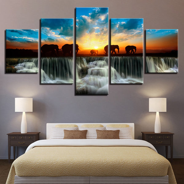 Elephant Animal Sunset Sunrise Waterfall & Sky Framed 5 Piece Canvas Wall Art - 5 Panel Canvas Wall Art - FabTastic.Co