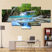 Beautiful Natural Waterfall & River Forest Framed 5 Piece Canvas Wall Art - 5 Panel Canvas Wall Art - FabTastic.Co
