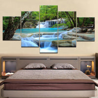 Beautiful Natural Waterfall & River Forest Framed 5 Piece Canvas Wall Art - 5 Panel Canvas Wall Art - FabTastic.Co