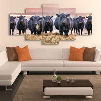 Black Cows Animal Herd On Farm Framed 5 Piece Canvas Wall Art Painting Wallpaper Poster Picture Print Photo Decor