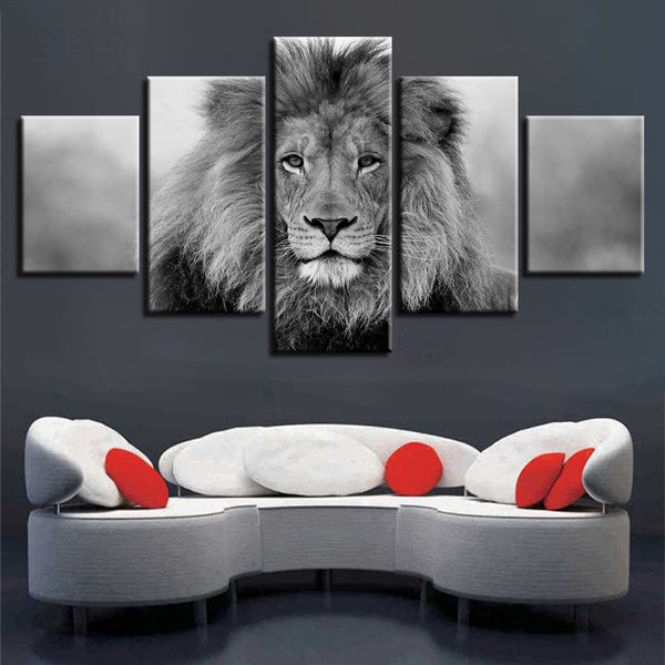 Black & White Lion Framed 5 Piece Canvas Wall Art - 5 Panel Canvas Wall Art - FabTastic.Co