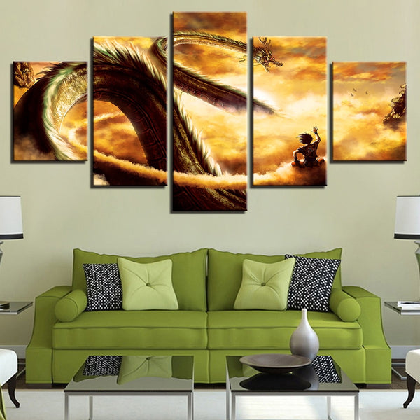 Dragon Ball Z Goku Riding Shenron Cartoon Framed 5 Piece Canvas Anime Wall Art Painting Wallpaper Poster Picture Print Photo Decor