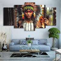 Native American Indian Girl With Feathers Framed 5 Piece Canvas Wall Art - 5 Panel Canvas Wall Art - FabTastic.Co