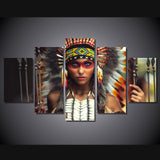 Native American Indian Girl With Feathers Framed 5 Piece Canvas Wall Art - 5 Panel Canvas Wall Art - FabTastic.Co